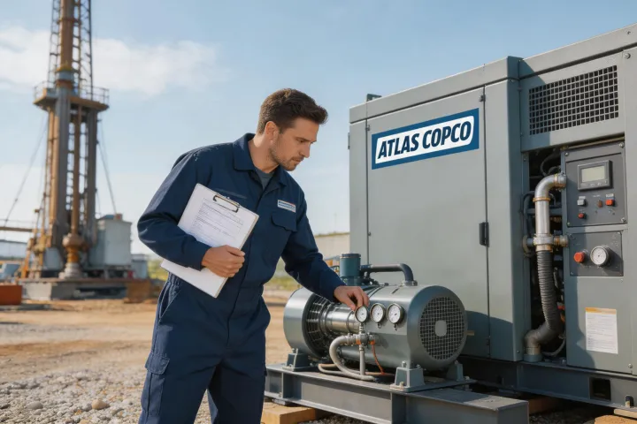 Field engineer inspecting compressor skid